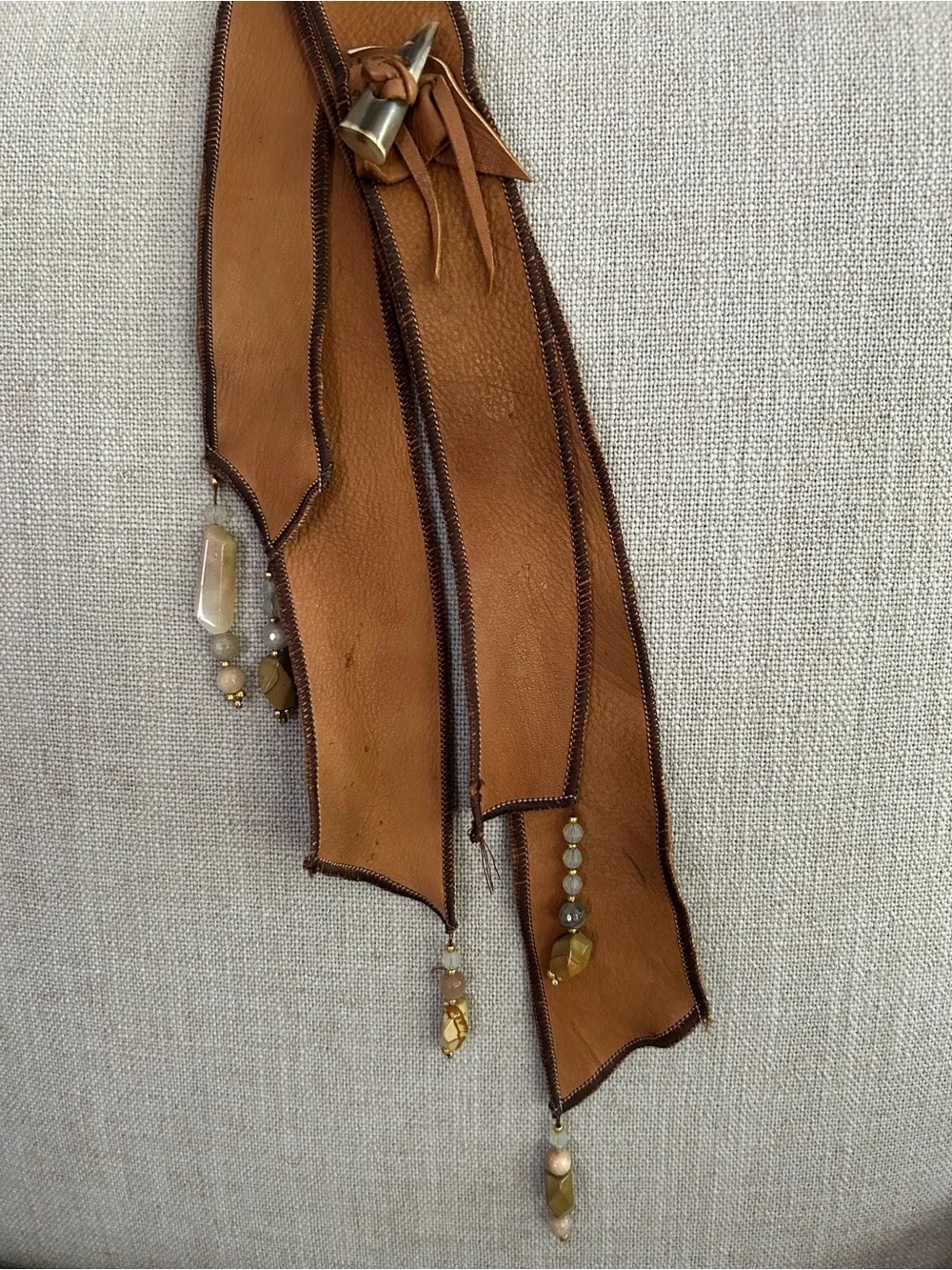 Artisan Leather Brown Belt with Stone Tassels